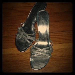 Sparkly silver kitten heels